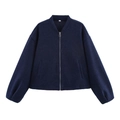 Gedetailleerde flat-lay van een donkerblauwe ritsjas met opstaande kraag en lantaarnmouwen - S / Marineblauw