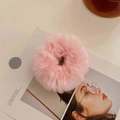Pink faux fur scrunchie with soft fluffy texture on fashion magazine aesthetic background - Light Pink
