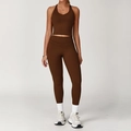 Completo yoga marrone scuro a due pezzi con top all'americana e leggings a vita alta - Taglia S / Top E Pantaloni / Canotta + Pantaloni Lunghi / marrone cioccolato