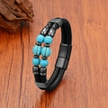 Close-up of double-layer braided leather bracelet with turquoise and metal beads - 23CM / Blue Turquoise Style