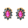 Detailed macro view of gold flower earrings with magenta center and black zircon stones - Rose Red Main Stone Black Side Stones Gold Base