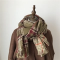 Retro plaid scarf with tassels in olive green and wine red for autumn and winter - Double Sided Green