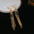 Close-up of golden heart-shaped earrings with pearls, opal, and long tassel chains - Gold-Plated (15#Heart Pearl Tassel)