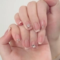 French style square press-on nails in nude pink featuring heart-shaped rhinestone accents - By1579 Masato Seichi / Glue Type