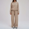 Two-piece khaki tracksuit with round neck sweatshirt and wide-leg joggers in cotton blend - S / Camel Brown (Long Pants Set)