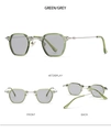 Three views of small frame green sunglasses with metallic silver temples and grey lenses - Green Frame Light Grey Lens