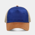 Detailed view of suede baseball cap showing navy front panel and breathable mesh back - Adjustable / Blue and Camel Patchwork