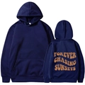 Felpa con cappuccio blu navy con tasca a marsupio e stampa Forever Chasing Sunsets - S / Blu navy