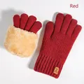 Red touchscreen winter gloves with plush fleece lining and reindeer leather patch - Style with Fur Cuff and Leather Tag / Red