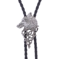 Silver wolf head bolo tie with black braided leather rope and vintage metal pendant - Wolf Head Antique Silver