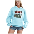 Light blue Christmas hoodie with Merry and Bright print and adjustable drawstring hood - S / Tops / Light Blue