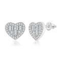 Detailed view of heart stud earrings with baguette-cut diamonds and secure screw backs - Baguette Heart Silver