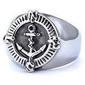 Macro shot of vintage silver nautical ring featuring detailed anchor relief and compass design - US Size 8 / Punk Retro Style (03506)