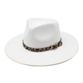 Close-up of white wide brim fedora hat featuring leopard print band and golden buckle - M(56-58cm) / White