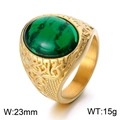Men's vintage viking ring in gold finish with large oval green stone and engraved scrollwork - US 7 / Golden Green (KR110139-MZOZ)