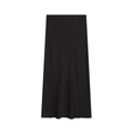 Detail of elegant black satin midi skirt showing smooth silk texture and straight cut - XS / Black