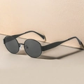 Vintage oval sunglasses with matte black wide temples and round dark lenses for women - Black Frame Grey Lens