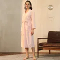 Pink waffle knit bathrobe for women featuring long sleeves and a belted waist design - M / Women-Leather Pink