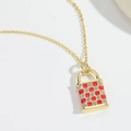 Golden heart-shaped lock pendant necklace with red and white checkered pattern and zircon - Red Lock