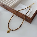 Tiger eye beaded necklace with vintage oval pendant and golden spacers in retro style - Tiger Eye Necklace XL0289