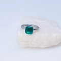 Silver stainless steel ring featuring a square emerald green zircon on white quartz stone - Silver Base: Dec-Cyan Blue
