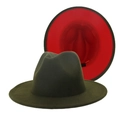 Elegant army green wool fedora hat featuring a striking contrast red underside detail - M (56-58cm) / Olive Green Outer Red Inner