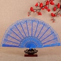 Blue lace folding fan with golden patterns on a decorative wooden base for photography - Sapphire Blue