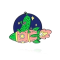 Cartoon green pickle character riding a rocket enamel pin with dark blue starry background - Cucumber Riding Rocket (CC2238)