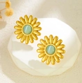 Golden sunflower stud earrings with green opal center on a geometric display stand - Fresh Pastoral Sunflower