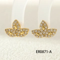 Macro shot of gold-plated clover earrings with white zircons on a display stand - Three-leaf Design (ER0871-A)