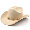 Dettaglio cappello da cowboy in camoscio beige con perline colorate e decoro etnico - M(56-58cm) / Cammello Chiaro