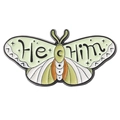 Detail of pink butterfly enamel pin featuring He Him pronouns in a cute cartoon style - He-Him Pronoun Mint Green Butterfly