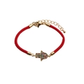 Hamsa Hand red rope bracelet with colorful zircon stones in gold finish on white background - CB000124 / Red