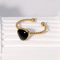 Anello aperto in acciaio inossidabile placcato oro con gemma nera e trama a corda - Stile Aperto a Triangolo Nero / Nero
