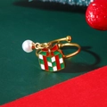 Close-up of golden Christmas gift box pendant and pearl on an adjustable open ring - Christmas Gift Box Pearl Pendant Ring (8326)
