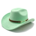 Detailed macro view of mint green wool felt fedora with a horsebit buckle leather strap - M(56-59CM) / Fluorescent Green (Suede)