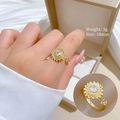 Macro detail of adjustable gold sunflower ring with clear zircons and 18mm diameter size - Copper / Sunflower Open Ring (H419)
