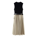 Ärmelloses Patchwork-Midikleid mit Schulterpolstern und schwarzem Gürtel in Khaki und Schwarz - XS / Schwarz/Khaki Patchwork