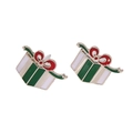 Detailed view of Christmas gift box earrings with green enamel and a red bow decoration - Bow Green White Christmas Gift Box Stud Earrings(EH996)