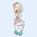 Detail of cartoon enamel duck keychain with heart lobster clasp and skateboard accessory - Pink Bow Duck