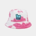 Pink and white faux fur bucket hat with cow print and Chill OUT embroidery label - One Size / Rose Red Cow Print