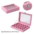 Pink velvet jewelry organizer with 24 compartments and transparent lid for rings - 24 Grids / Pink