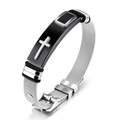 Men's silver mesh bracelet with black metal plate and silver cross detail in industrial style - Black and Steel Color