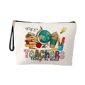 Linen makeup bag for teachers with 'Teachers Change The World' print and wristlet strap - Pattern 1 (BOOKS/GLOBE/APPLE)