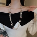 French vintage double-layered pearl necklace with crystal flower charms on female model - Four-petal Flower Mixed Style (53#) / Gold - Champagne Pearl