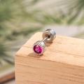 Silver geometric cartilage stud earring with pink zircon inlay and screw flat back - Rose Red (Single Piece)