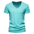 Detailed view of lake blue slub cotton fabric texture and V-neckline on a men's t-shirt - S / V-Neck / Light Green