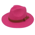 Detail of magenta woven straw fedora hat with brown leather belt and silver rivet accents - Rose Red