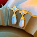 Matte gold plated geometric tassel earrings with iridescent cream teardrop charms - Silver Earring Post Star Pearl Waterdrop Eggplant Earrings