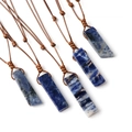 Handcrafted necklace with rectangular blue stone pendant on brown braided rope cord - Blue Sodalite